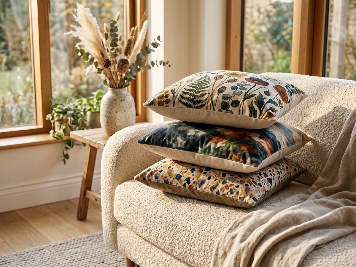 Printed velvet cushions stacked on a couch
