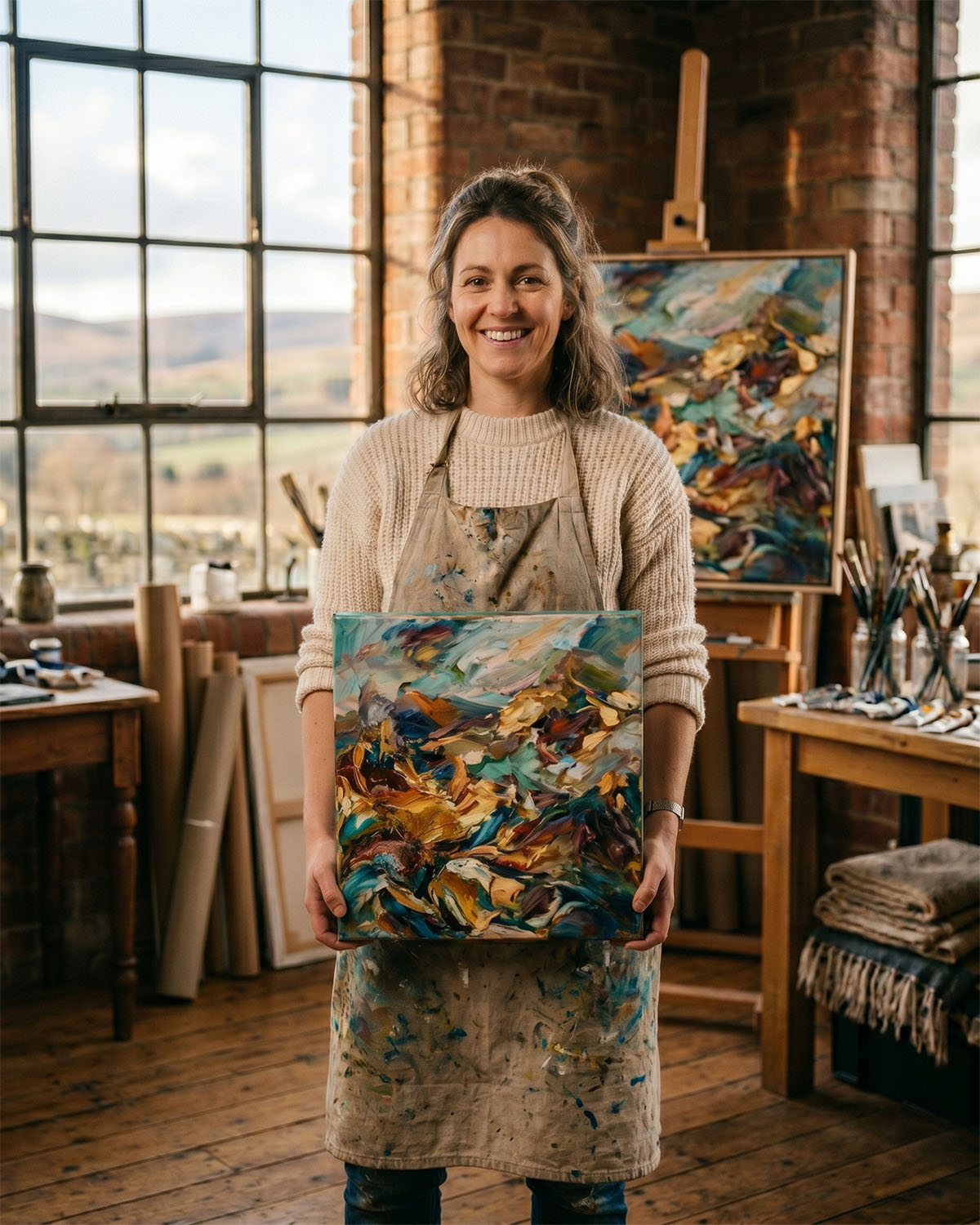Artist holding a freshly printed canvas in a sunlit Yorkshire studio