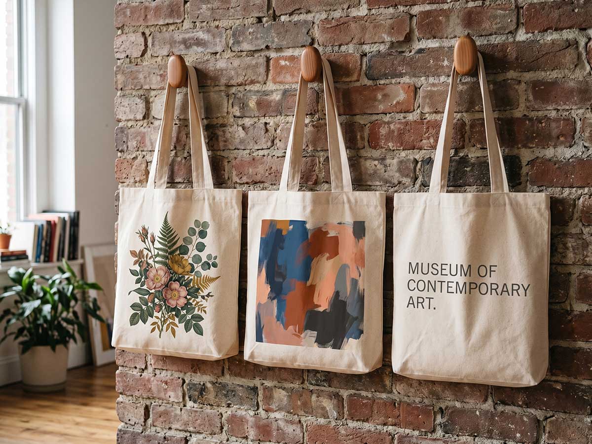 Full colour printed tote bags hanging in a studio